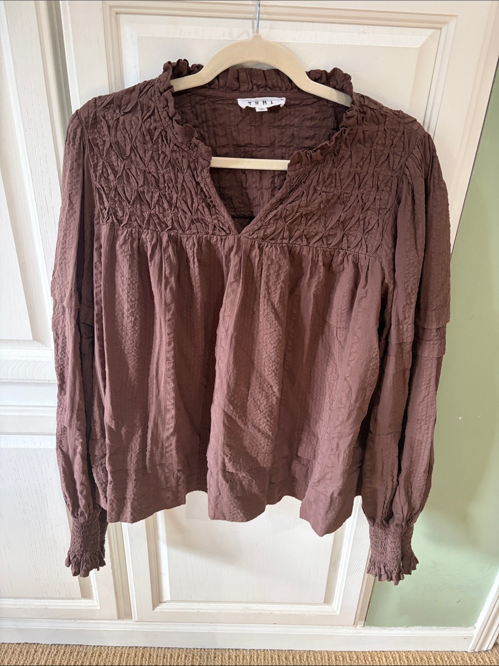 THML Chocolate Brown Smocked Peasant Blouse